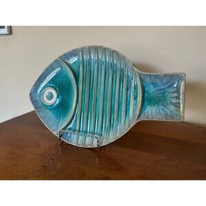Blue Fish Ceramic Plate – Teal Blue Wall Art or Serving Dish